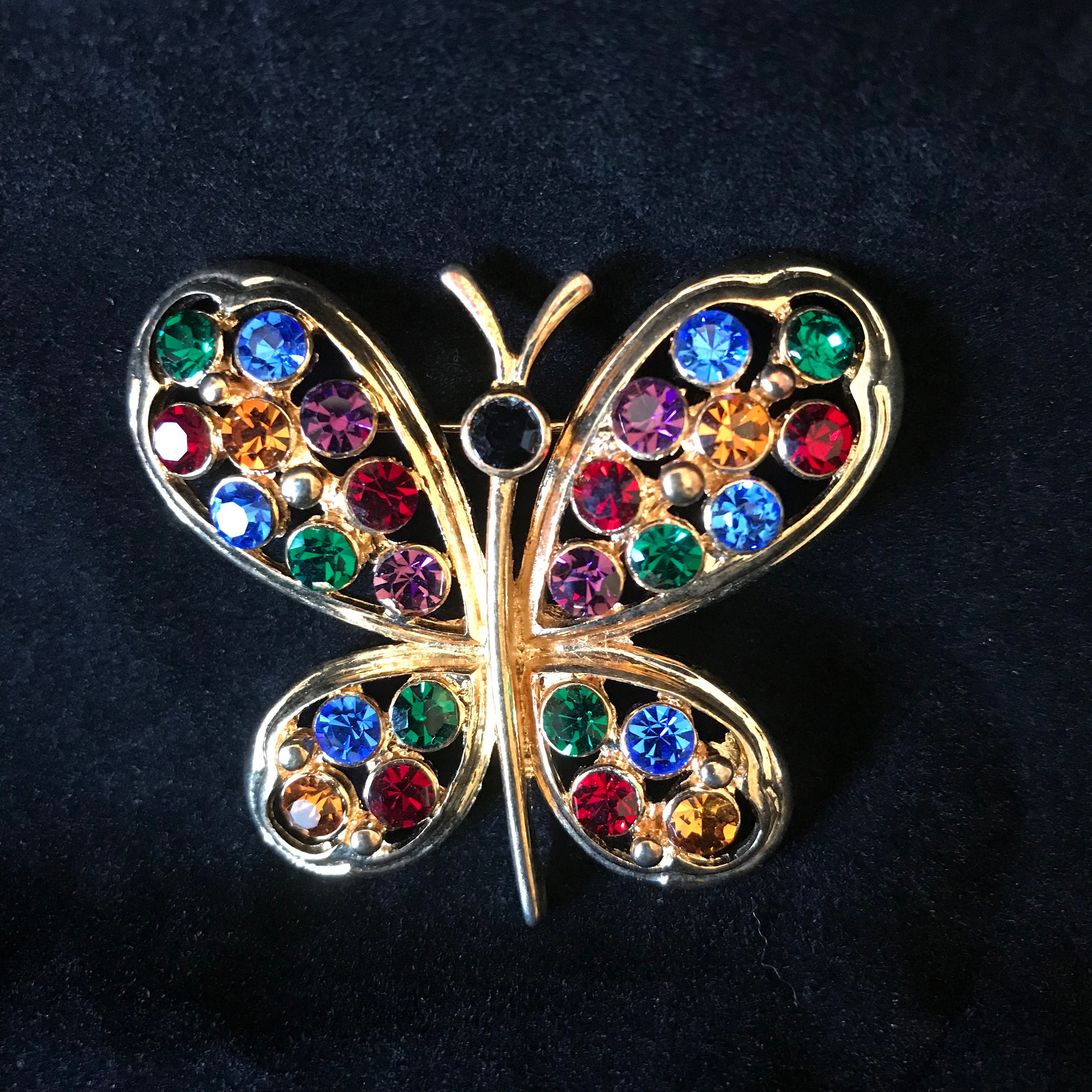 Butterfly multicolored rhinestone brooch