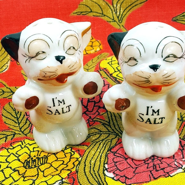 1950s Dog Salt and Pepper Set, Made in Japan Mid Century Anthropomorphic Puppy Dogs, Like New Collectible