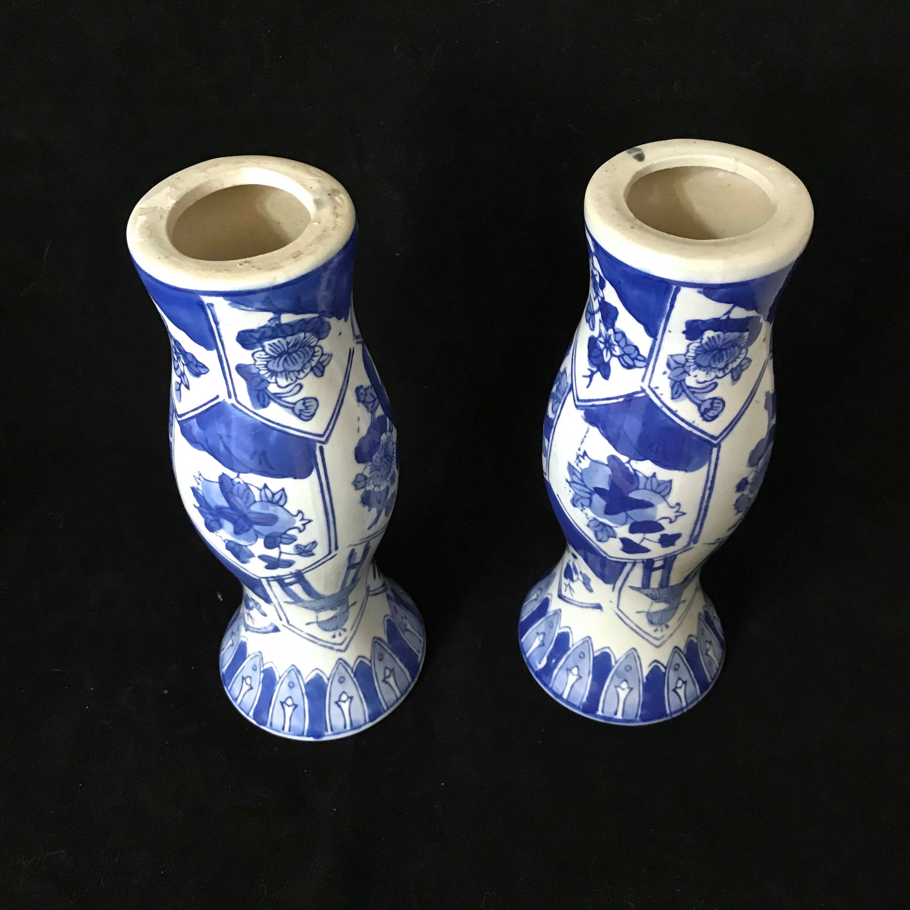 Vintage Ceramic Blue And White Candle Holders Hand Painted Etsy