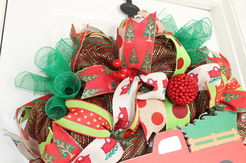 Christmas Tree Wreath Red and Green Christmas Wreath Vintage Christmas Truck Tree Christmas Wreath