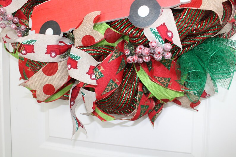 Christmas Tree Wreath Red and Green Christmas Wreath Vintage Christmas Truck Tree Christmas Wreath