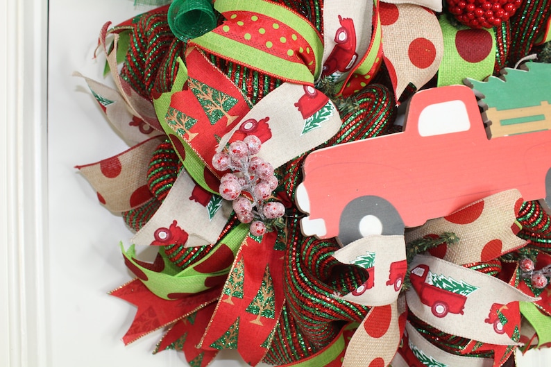 Christmas Tree Wreath Red and Green Christmas Wreath Vintage Christmas Truck Tree Christmas Wreath