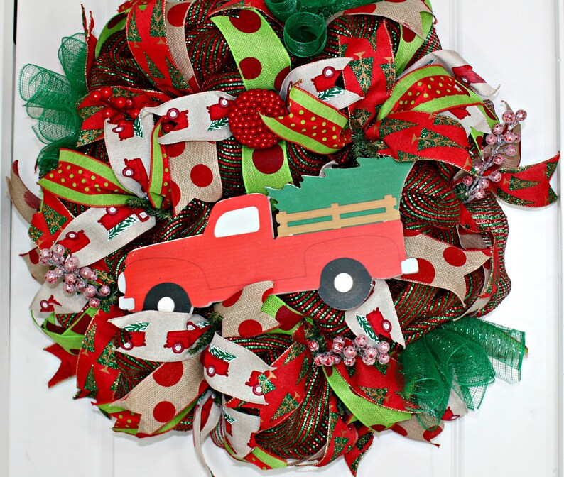 Christmas Tree Wreath Red and Green Christmas Wreath Vintage Christmas Truck Tree Christmas Wreath