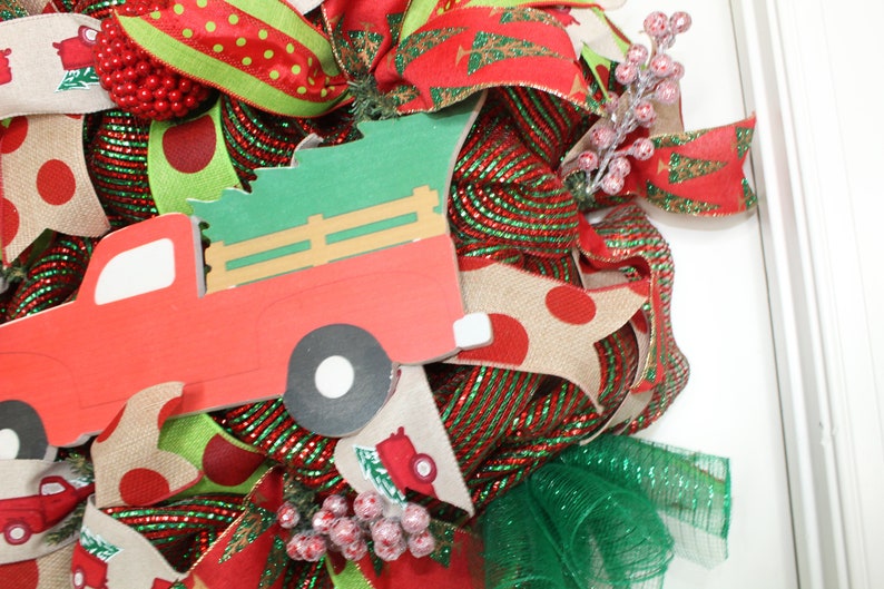 Christmas Tree Wreath Red and Green Christmas Wreath Vintage Christmas Truck Tree Christmas Wreath