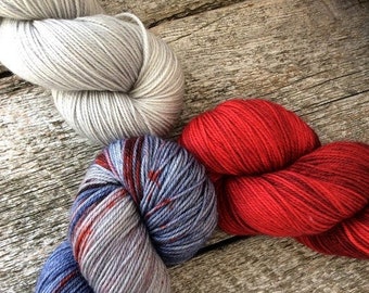 three colors kit hand dyed yarn/Speckled yarn/Fingering Sock yarn/DK/Worsted/merino superwash/blue red grey set knitting yarn/shawl knitting