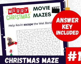 Könnte beinhalten: Ein schwarz-weißes druckbares Weihnachtslabyrinth mit Kevin McCallister aus dem Film Kevin - Allein zu Haus. Der Text "MERRY CHRISTMAS MOVIE MAZES" befindet sich oben auf der Seite. Der Text "Help Kevin escape the Wet Bandits" befindet sich unter dem Labyrinth. Der Text "CHRISTMAS MAZE" befindet sich unten auf der Seite. Der Text "ANSWER KEY INCLUDED" befindet sich in einem roten Kreis. Der Text "#1" befindet sich in einem roten Quadrat.