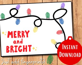 DIY Fingerprint Merry & Bright Christmas Craft for Kids, Printable Activities - Perfect Christmas Gift, Handprint Activity - KEEPSAKE