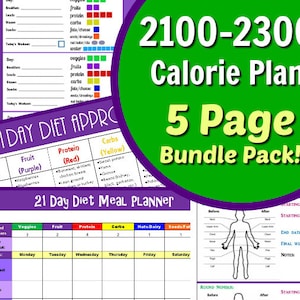 21 Day Diet Plan for 2100-2300 Calorie Bracket -5 Page PDF BUNDLE: Meal Planner, Container Tally Sheets, Results Tracker & Food List!