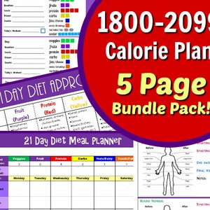 21-dniowy plan diety 1800–2099 kalorii — 5-stronicowy pakiet PDF: planer menu i ćwiczeń, arkusze podsumowujące pojemniki, śledzenie wyników i lista produktów spożywczych!