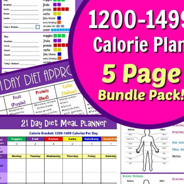 21 Day Diet 1200-1499 Calories Fix Your Bod with our 5 Page PDF BUNDLE: Day Planner, Tally Sheets, Tracker, Meal Planner & Food List!