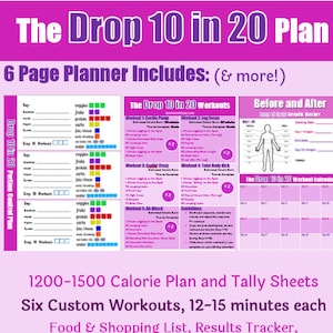 The Drop 10 Workout Plan Bundle: Including Guidelines, Portion Control Logging Sheets, 1200-1500 Calorie Plan, 5 Custom Workouts, Calendar image 1