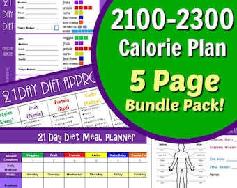 Plan de régime de 21 jours pour 2 100 à 2 300 calories - ENSEMBLE PDF de 5 pages : planificateur de repas, feuilles de pointage des contenants, suivi des résultats et liste des aliments !