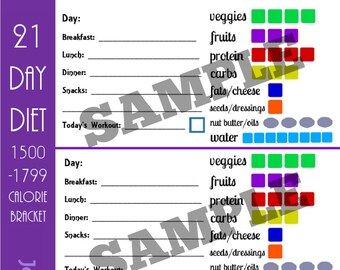 21 Day Portion Control Diet Imprimable 1500-1799 Calorie Container Tracking Sheet Day Planner!
