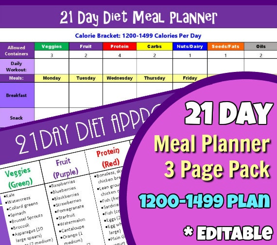 21 Day Meal Planner & Food List 3 Page Bundle for 1200-1499 Calorie Plan:  Includes EDITABLE Meal Planner and Shopping List 