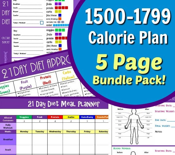 21 Day Portion Control 1500-1799 Calorie Diet Plan 5 Page PDF BUNDLE: Meal  Planner, Container Tally Sheets, Results Tracker, & Food List 