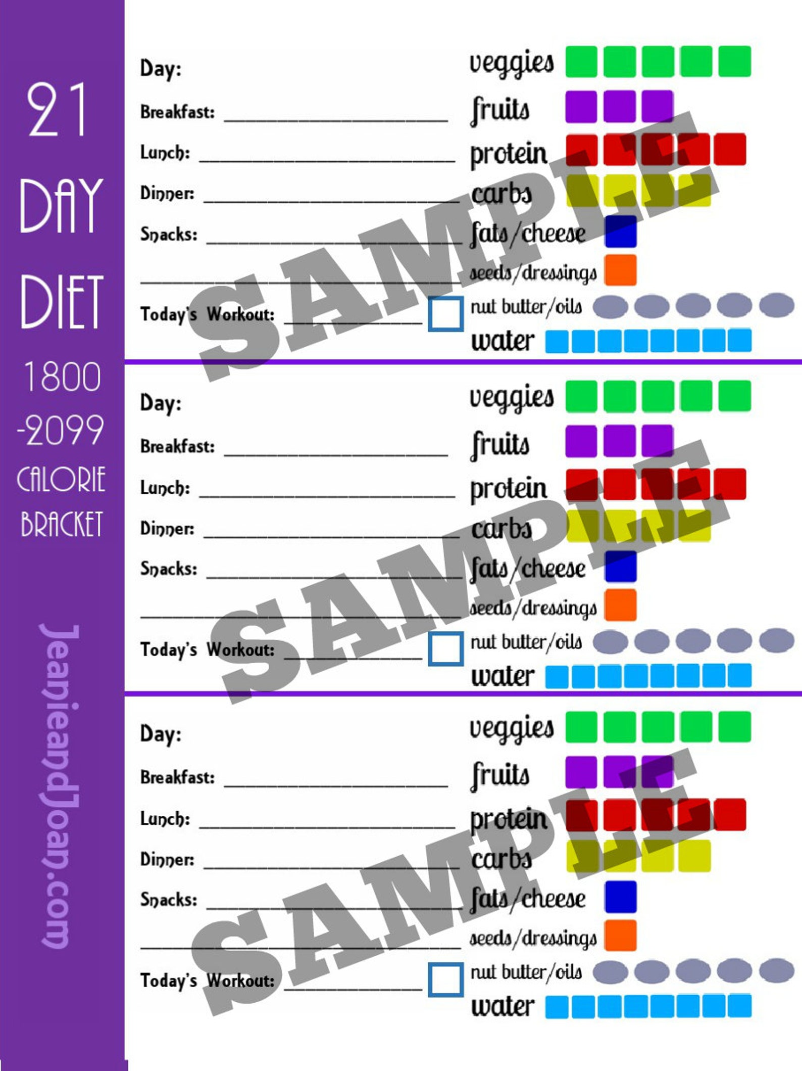 21 Day 1800-2099 Calorie Diet Plan 5 Page PDF BUNDLE: Menu and Workout ...