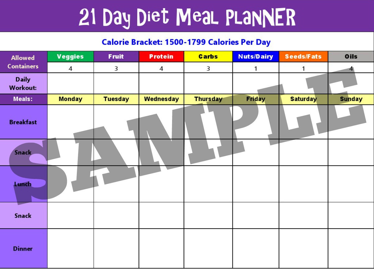 21 Day Fix Meal Planner Excel Template Weekly Diet Planner With Recipe List  for Any Different Calories Range 