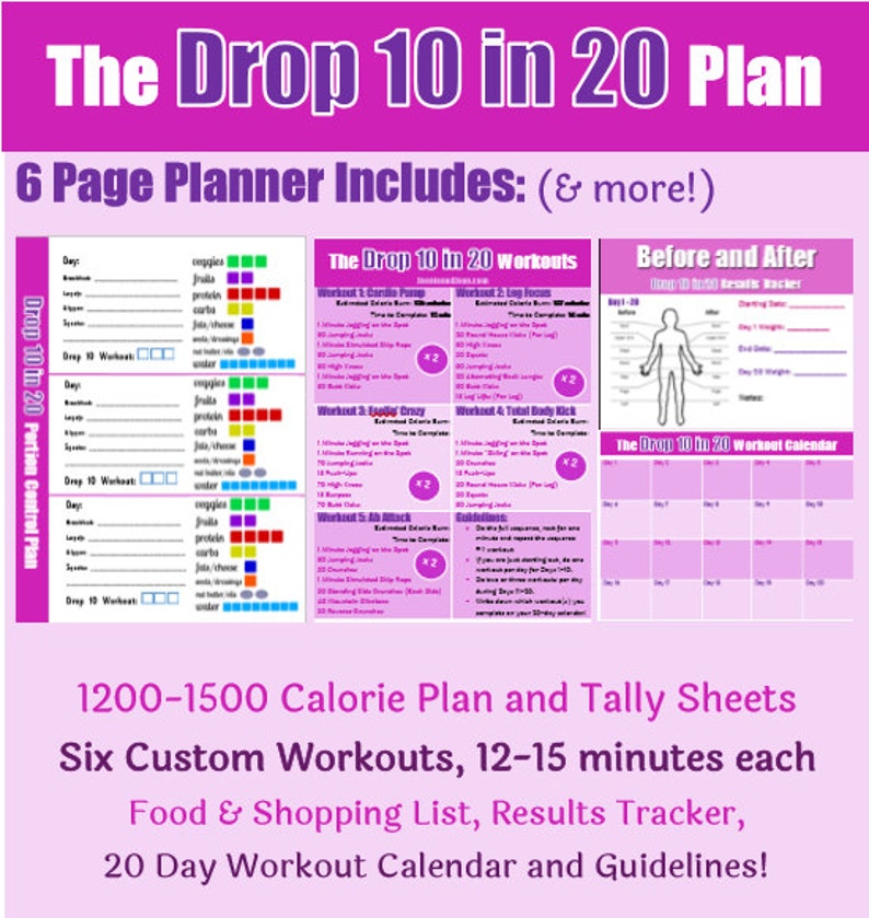 The Drop 10 Workout Plan Bundle: Including Guidelines, Portion Control Logging Sheets, 1200-1500 Calorie Plan, 5 Custom Workouts, Calendar image 1