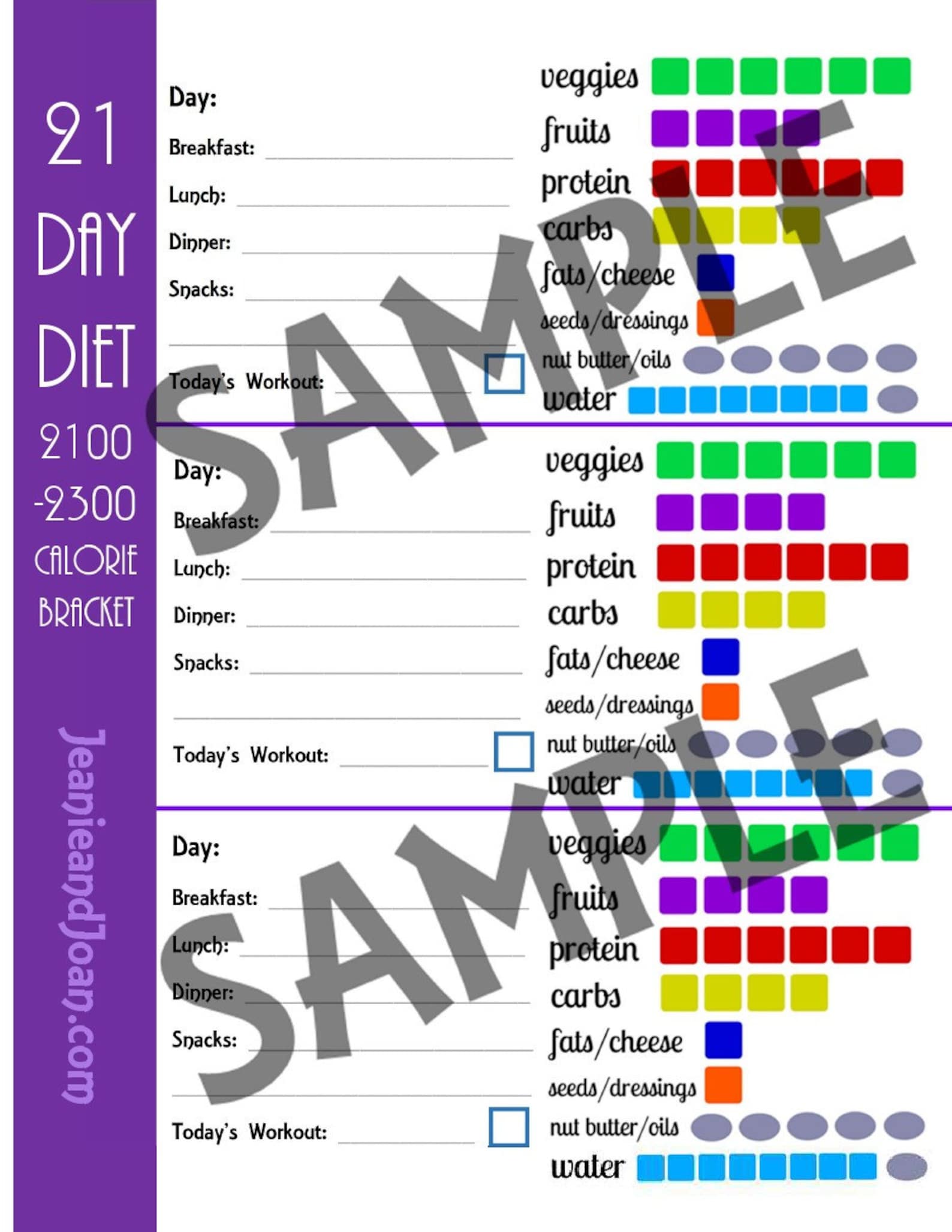21 Day Diet Plan for 21002300 Calorie Bracket 5 Page PDF BUNDLE Meal Planner, Container Tally