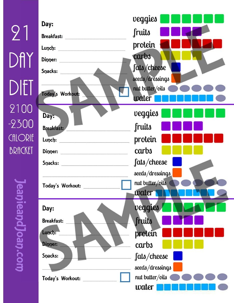 21 Day Diet Plan for 2100-2300 Calorie Bracket 5 Page PDF BUNDLE: Meal ...