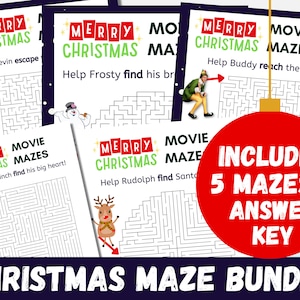 WEIHNACHTS-Labyrinthe-Paket | 5 Weihnachtsfilm-Labyrinth-Aktivitäten für Kinder, Kinder, Studenten | Labyrinth-Urlaub zum Ausdrucken für Kinder