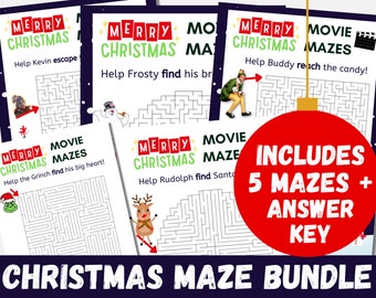 KERST DOOLHOVEN BUNDEL | 5 kerstfilmdoolhofactiviteiten voor kinderen, kinderen en studenten | Labyrint vakantie afdrukbare activiteit voor kinderen