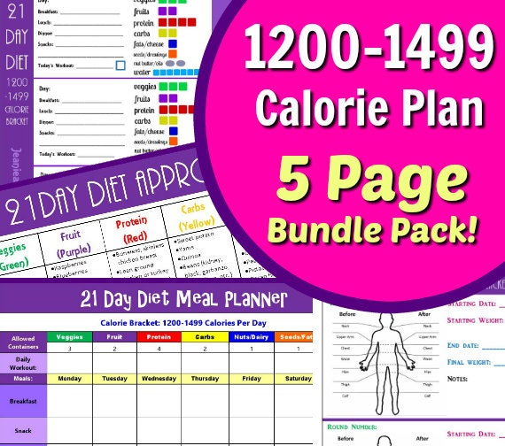 21 Day Diet 1200-1499 Calories Fix Your Bod With Our 5 Page PDF BUNDLE: Day  Planner, Tally Sheets, Tracker, Meal Planner & Food List (Instant Download)  