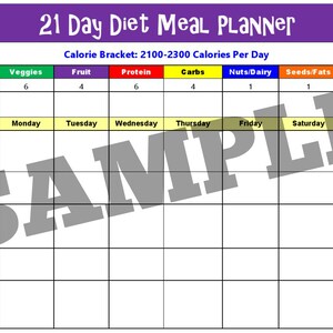 21 Day Diet Plan for 2100-2300 Calorie Bracket 5 Page PDF BUNDLE: Meal ...