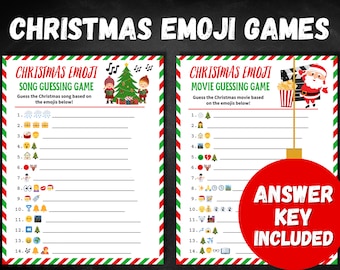 May include: Two printable Christmas emoji guessing game cards. The left card is for guessing Christmas songs and the right card is for guessing Christmas movies. Both cards have a red, green, and white striped border. The cards have a white background with black text and emojis. The text on the left card says "Christmas Emoji Song Guessing Game" and the text on the right card says "Christmas Emoji Movie Guessing Game". The text on both cards says "Guess the Christmas [song/movie] based on the emojis below!" Both cards have 14 lines with numbers 1-14 and a blank space for the answer. The emojis are on the left side of each line. The right side of the cards has a red ornament with the text "ANSWER KEY INCLUDED".