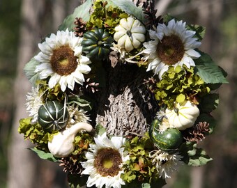 Handmade Fall Wreath: White Sunflowers, Green Hydrangea, Pumpkins & Gourds