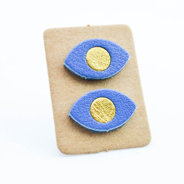 Leather stud earrings - Evil eyes earrings - oeil sutd earrings - leather spot earrings - Steel - Boho mystic earrings - gold and blue