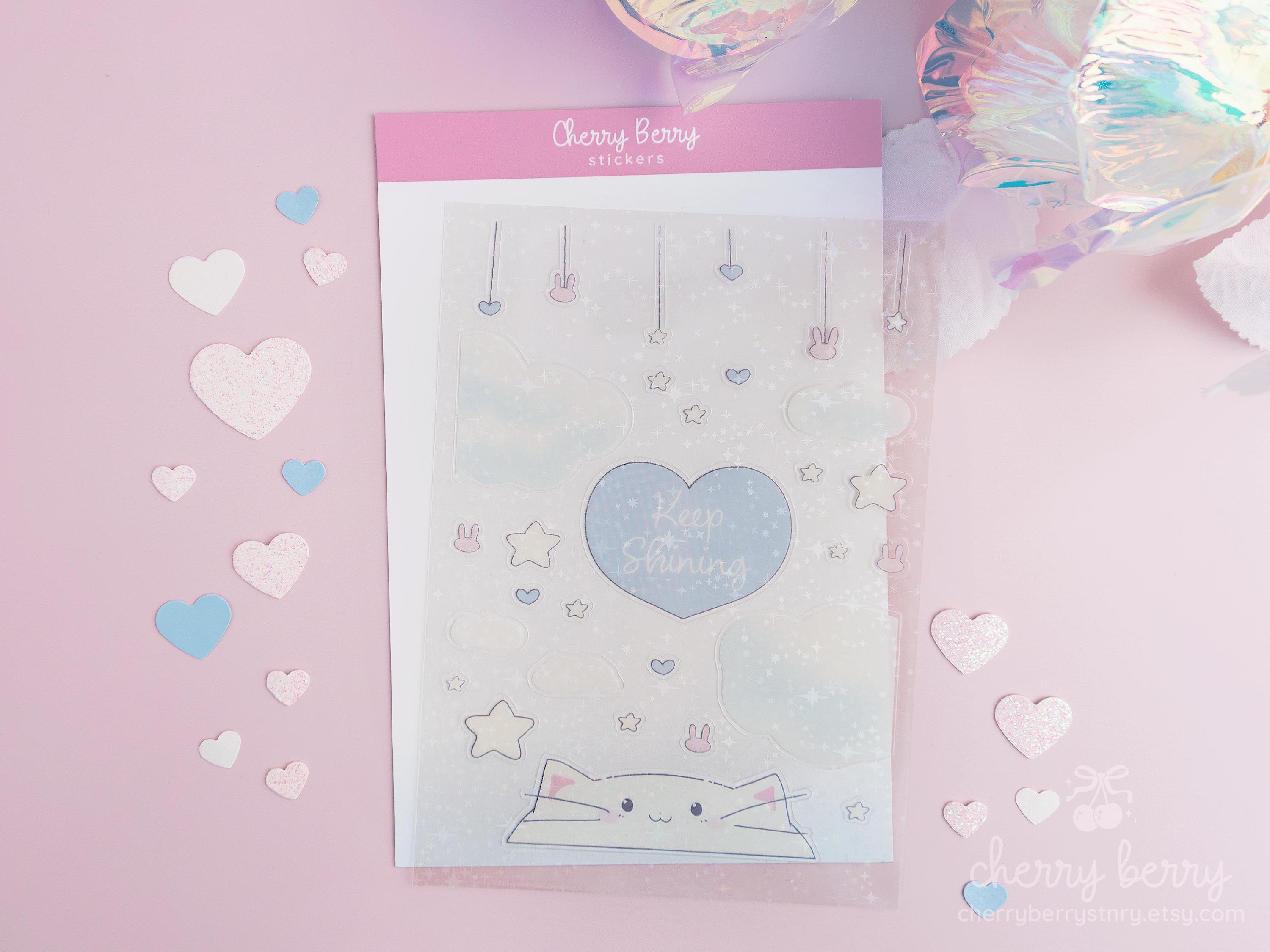 Kawaii Holographic Sticker Sheet – Cute Kitty & Bunny Planner Stickers ...