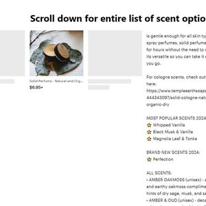 May include: Image features a solid perfume with a wooden lid, resting on a green leaf. Text reads "Scroll down for entire list of scent options :)" and lists popular scents like Whipped Vanilla and Black Musk & Vanilla.