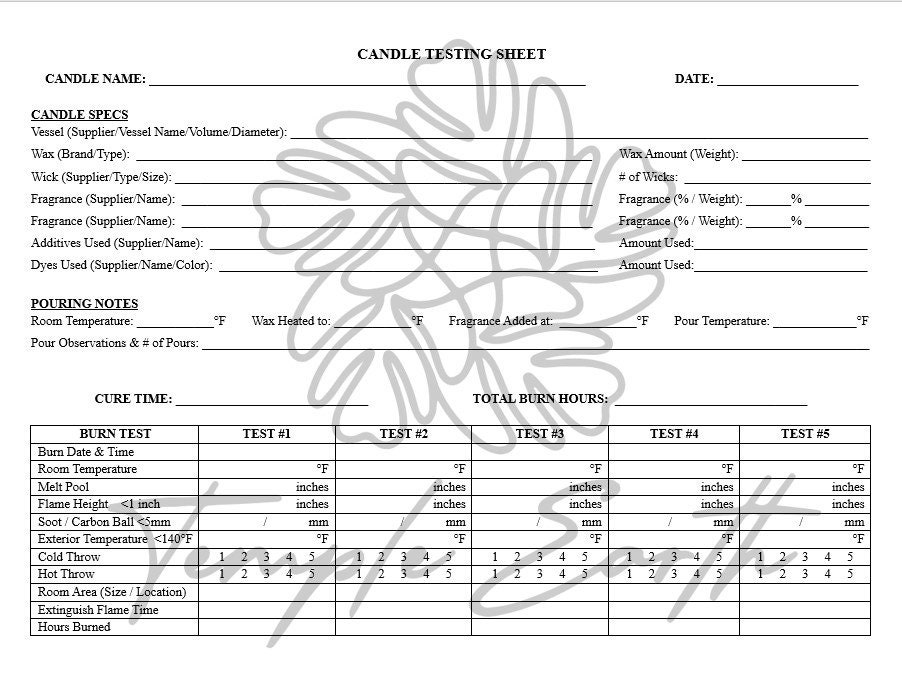 Candle Burn Testing Sheet (DIGITAL DOWNLOAD - PDF and Word Document) - Etsy
