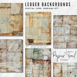 Digital Junk Journal Kit - Ledger Backgrounds, Digital Download, Printable backgrounds, Digital Ledger Junk Journal, Grungy Ledger