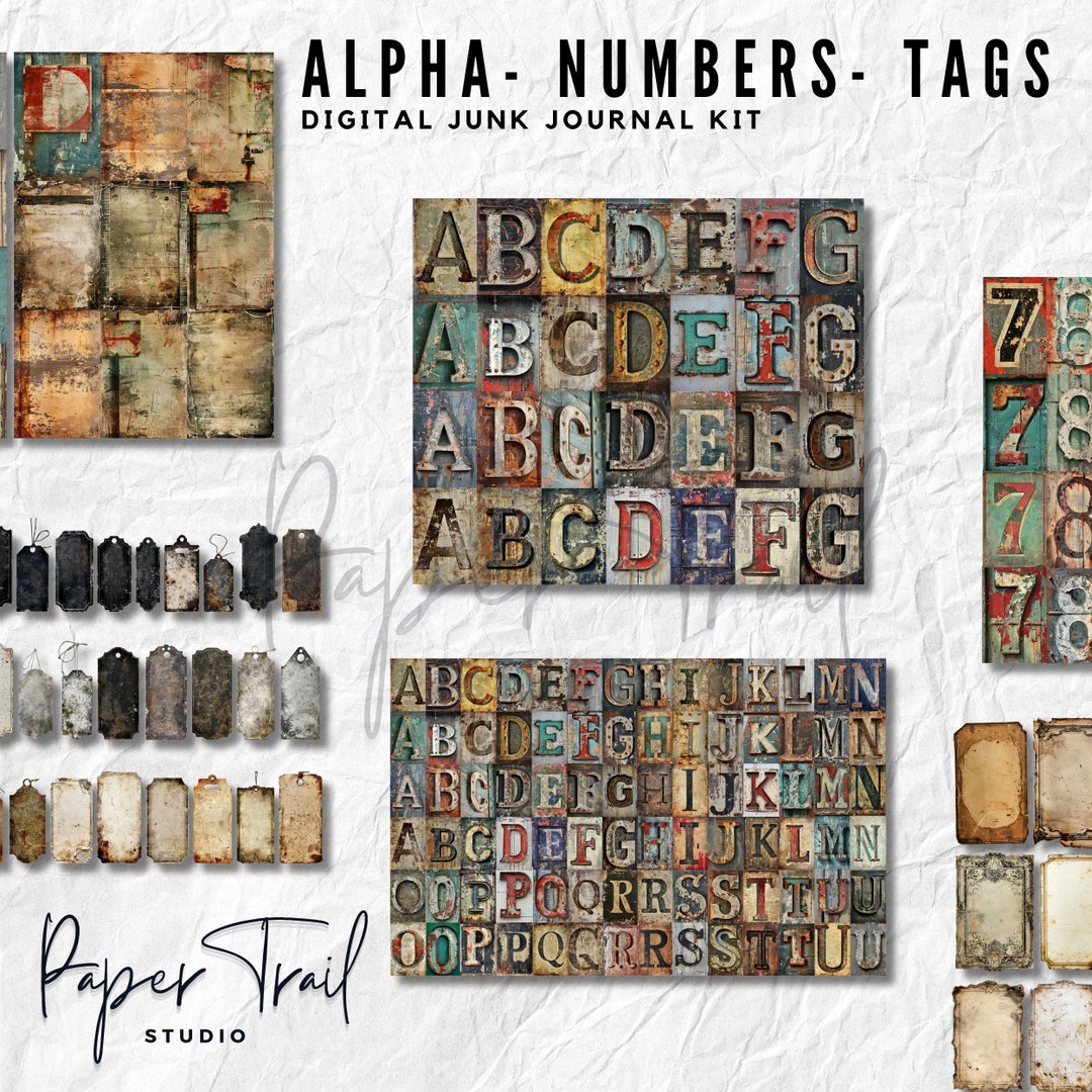 Digital Junk Journal Kit -alpha - Numbers- Tags, Digital Download ...