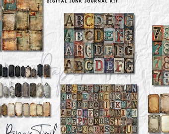 Digital Junk Journal Kit -Alpha - Numbers- Tags, Digital Download, Printable Junk Journal, Printable Alphabet, Numbers and Tags