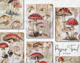 Digital Junk Journal Kit - MushroomBackgrounds, Digital Download, Printable backgrounds, Digital Mushroom Junk Journal