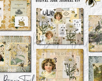 Digital Junk Journal Kit, Sweet Bees, Honey Bee Junk Journal, Bee Digital Kit, Bee Junk Journal Printable, Bees and Yellow Digital