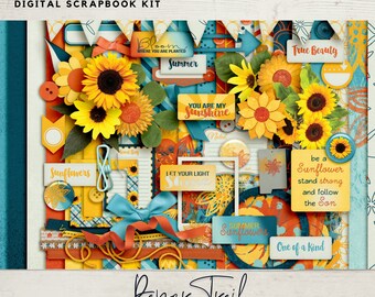 Sunflower Digital Scrapbooking, Summer Sunflowers Digital Scrapbooking, Digital Summer Paper, Digital Summer Elements, Sunflowers