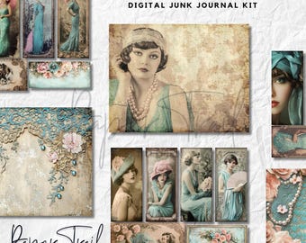 Digital Junk Journal Kit, Blush and Aqua, Vintage Junk Journal, Blush Digital Kit, Aqua Junk Journal Printable, Vintage Digital