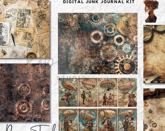 Digital Junk Journal Kit, Steampunk Essentials, Steampunk Junk Journal, Steampunk Digital Kit, Lady Junk Journal Printable,