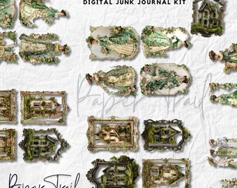 Digital Junk Journal Kit - Mossy Manor, Digital Download, Printable Junk Journal, Mossy Manor, Green Junk Journal, Victorian Digital