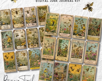 Digital Junk Journal Kit -Bee Cards and Charms, Digital Download, Printable Junk Journal, Printable Bees, Digital Bee Junk Journal