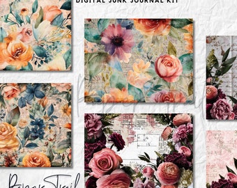 Digital Junk Journal Kit - Floral Backgrounds, Digital Download, Printable Junk Journal, Printable backgrounds, Digital Floral Junk Journal