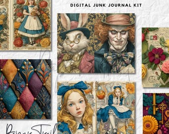 Alice in Wonderland Junk Journal Kit Digital Printable Ephemera Collage Sheets Scrapbook Paper Vintage Playing Cards Harlequin Whimsical