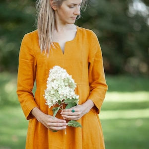 Linen Dress with 3/4 Sleeves and Princess Seams &#39;Delilah&#39;  Midi length Dress, Long Womens Dress, Maternity dress, Maxi Dress