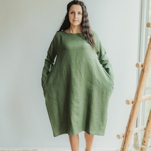 Loose Linen Tunic Dress &#39;Jo&#39;,  Plus size Linen tunic, Casual Linen Dress, Long Sleeve Dress, Womens tunic, plus size clothing, Green Dress