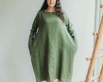 Loose Linen Tunic Dress 'Jo',  Plus size Linen tunic, Casual Linen Dress, Long Sleeve Dress, Womens tunic, plus size clothing, Green Dress