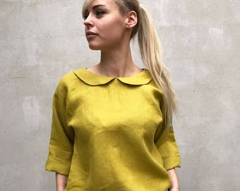 Cute Linen Blouse with Peter Pan collar, Linen Shirt Women, Linen T Shirt, Linen Tee, Plus size shirt, Linen Blouse, Cute Top, Green Blouse